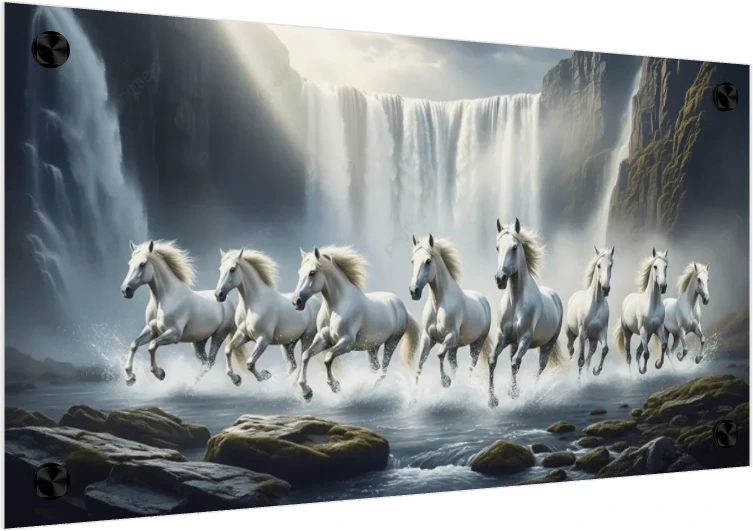 Seven majestic white horses galloping through splashing water with a massive waterfall and sunbeams in the background. — acrylic preview | PrintPosters.in